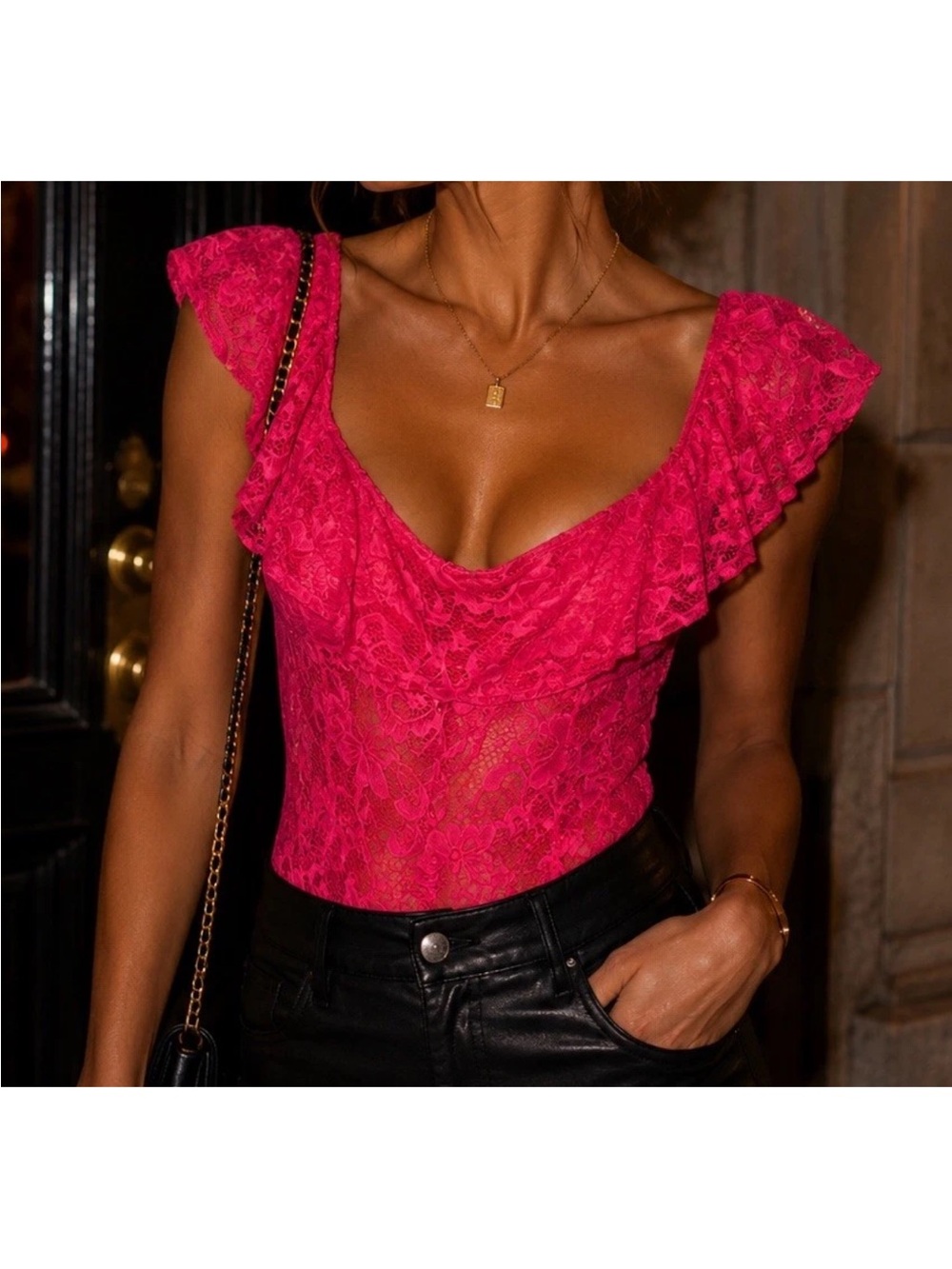 Women’s Vintage Seductions Y2K Ruffled Lace Bodysuit Hot Pink Festival Rave Club